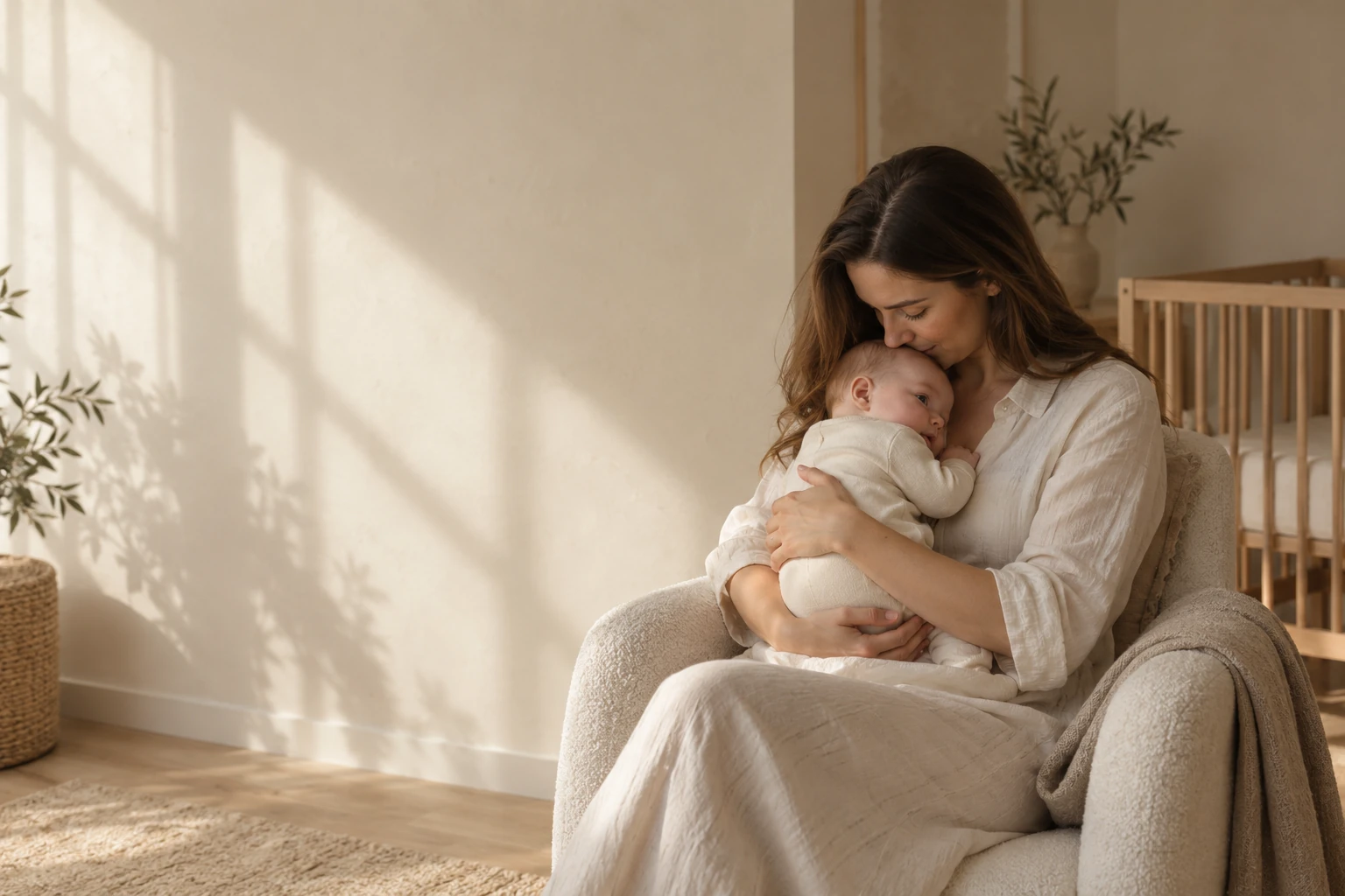 A parent holding their baby in a sunlit nursery